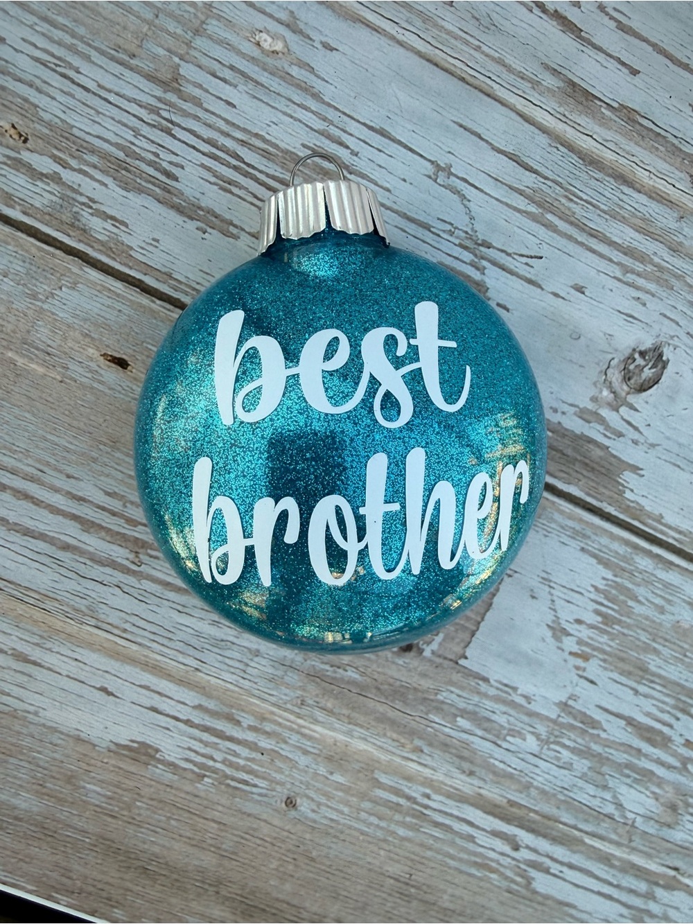 NEW Best Brother Ornament, teal glitter 3” disc ornament